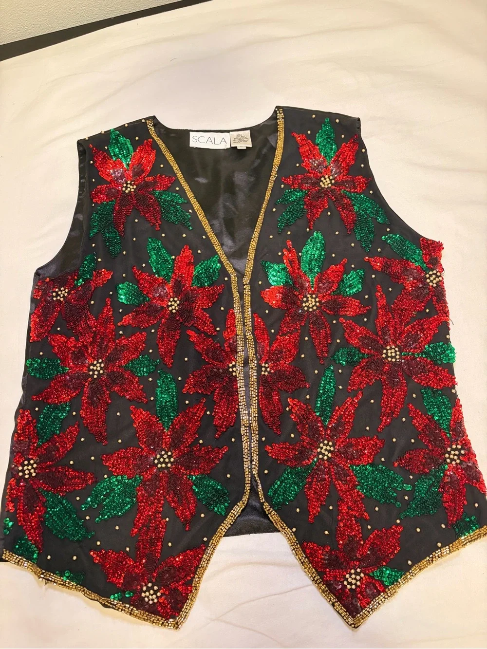 SCALA Black Sequin Vest with Red & Green Poinsettias